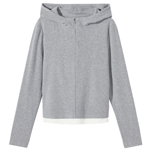 热风女士长袖T恤上衣连帽打底衫2026年春季新款拉链灰色内搭上衣