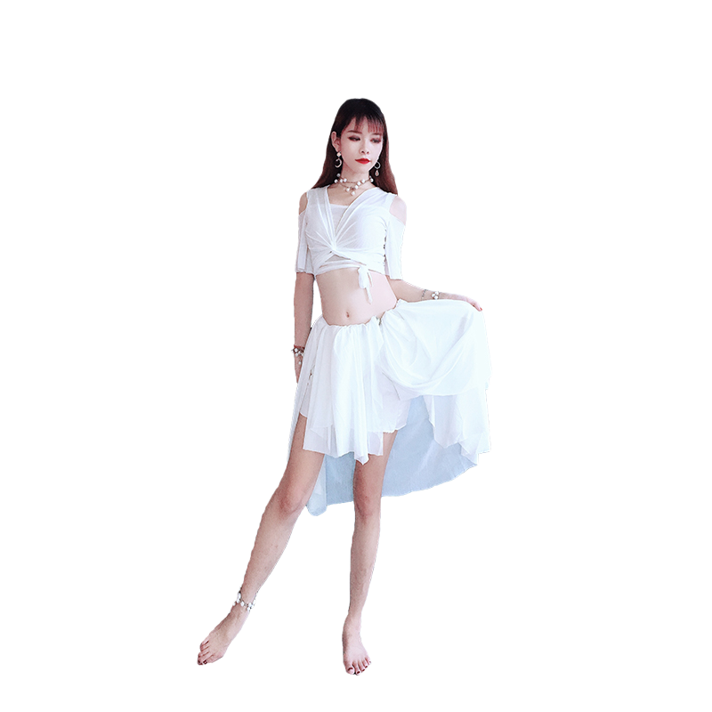 百雅千慧2025新款肚皮舞演出服白色套装仙女款大摆开叉长裙练功服