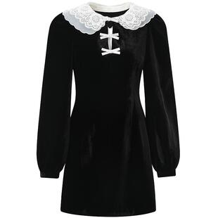 DIANA VEVINA秋季新款可拆卸蕾丝娃娃领丝绒A字裙摆高腰连衣裙