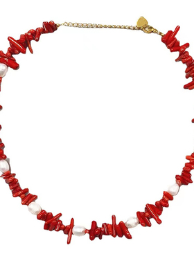 23/ss Ins风时尚胆石碎银项链叠戴红色珍珠串珠玛瑙项链