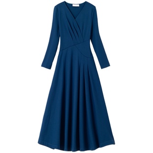 微胖大码女装连衣裙秋冬时尚优雅A字裙压褶v领收腰修身型中长裙子