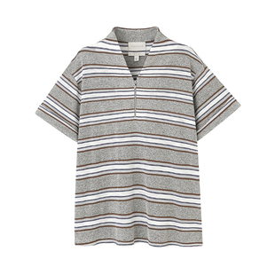 COMMON VALUE「 灵 Nav」新中式禅意领t体恤 半拉链卷袖条纹上衣