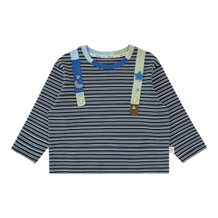 幼悠男童 复古细条纹T恤春季洋气可爱三色拼接肩带显瘦耐看上衣潮