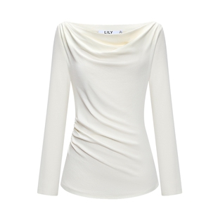 LILY2026春新款女装含莱赛尔醋酸羊毛一字领气质通勤长袖上衣T恤