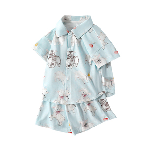 儿童衬衫男童薄款印花衬衣洋气港风男宝套装度假男夏短袖潮花时尚