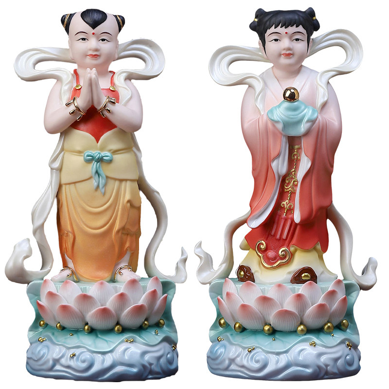 陶瓷善财童子龙女佛像摆件精工彩