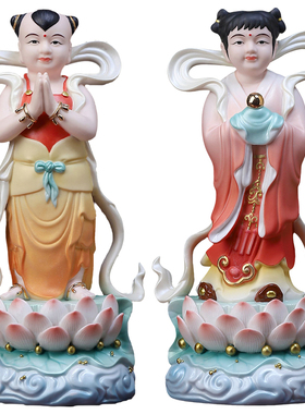 陶瓷善财童子龙女佛像摆件精工彩