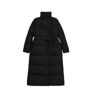 90白鸭绒 张七七黑色长款过膝收腰加厚立领泡芙羽绒服女冬季外套