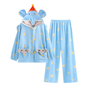 侘町2025新款笨笨大象法兰绒分体睡衣女套装秋冬季加绒加厚家居服