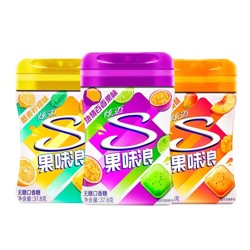 炫迈无糖口香糖37.8g果味浪起来大颗粒柠檬味百香果味蜜桃味瓶装