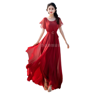 夏天连衣裙红色雪纺短袖长裙过膝大摆裙海边度假沙滩裙拍照红裙子