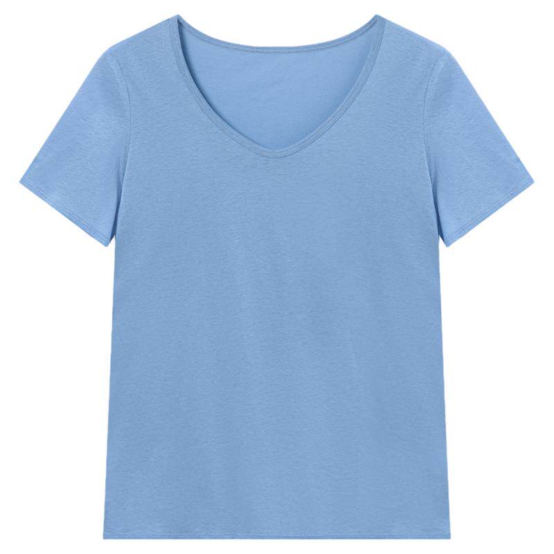 Basic House/百家好亚麻桑蚕丝白色基础简约短袖体T恤女夏V领打底