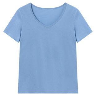 Basic House/百家好亚麻桑蚕丝白色基础简约短袖体T恤女夏V领打底