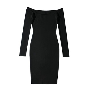 LA PINKY欧美一字肩紧身包臀长袖针织连衣裙