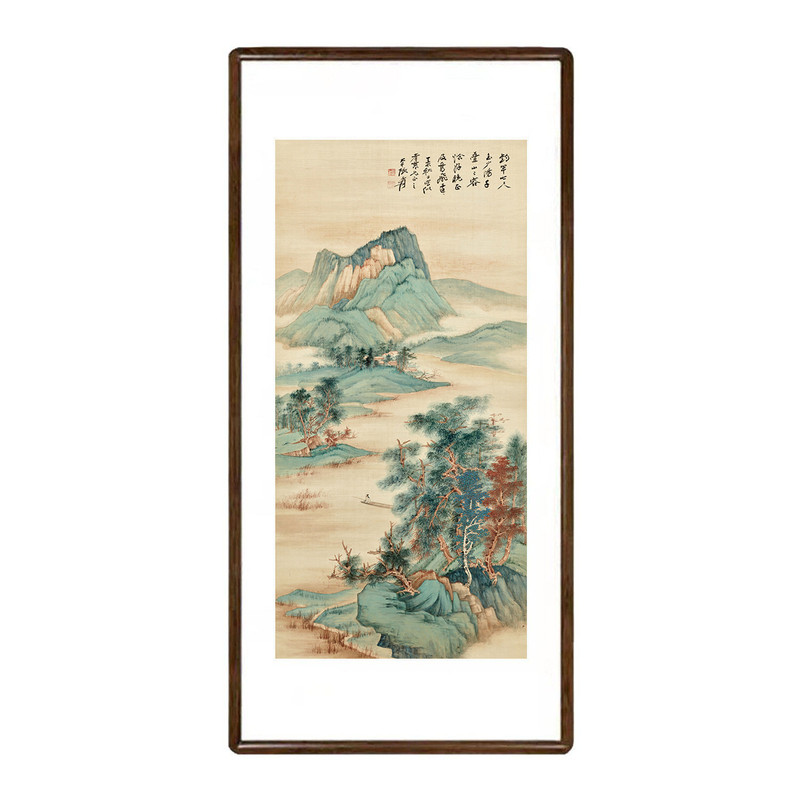 张大千秋山钓艇青绿山水挂画
