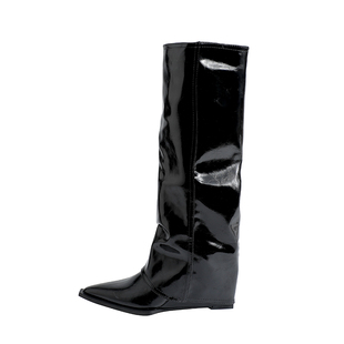 真皮~骄屿坡跟尖头不过膝长筒靴秋冬辣妹显瘦棕色裤管长靴骑士靴