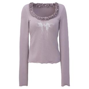 DoublePunch【8折促销】春秋原创正肩修身复古花边印花长袖打底衫