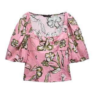 ZA外贸出口夏季方领泡泡公主袖亚麻粉色印花短袖上衣女3225737