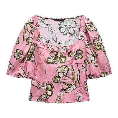 柜货！方领泡泡公主袖粉色上衣