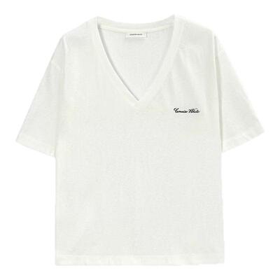 concise-white/简白春夏女士刺绣V领短袖 银泰百货301257