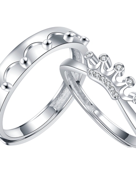 保真S925纯银活口对戒皇冠镶嵌钻欧美开口结婚情侣戒指环礼物刻字