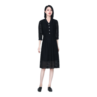 TRIBECA翠贝卡春秋商场同款纯色V领七分袖女士中长裙通勤女连衣裙