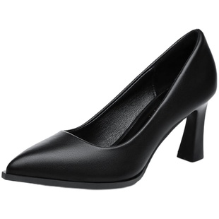 工作鞋女黑色职业气质久站不累脚软底上班粗跟浅口高跟鞋正装皮鞋