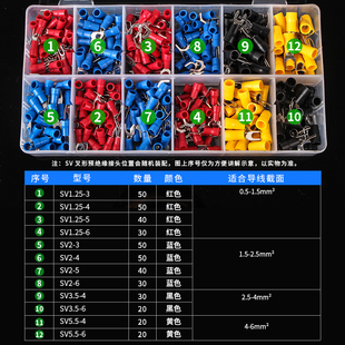 SV预绝缘接线端子冷压端子连接器叉形U型接线鼻压线耳12种装 420只