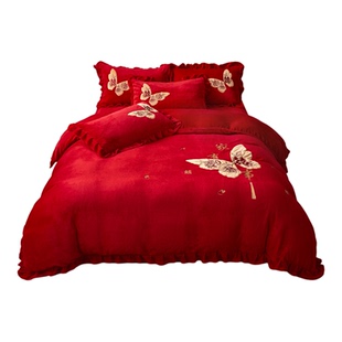 结婚牛奶绒绣花四件套婚庆红色被套加绒保暖床单婚房嫁娶床上用品