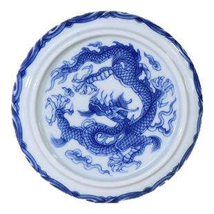 景德镇青花瓷双龙献瑞圆形饼型盖置茶托盖托杯垫龙纹茶器茶道配件