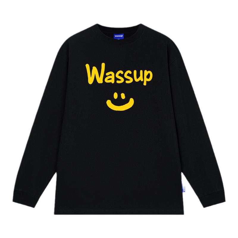 WASSUP美式笑脸圆领长袖T恤男