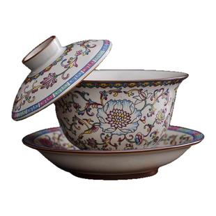 缠枝莲汝窑三才盖碗茶杯家用高档茶碗带盖青花釉里红功夫茶具礼盒