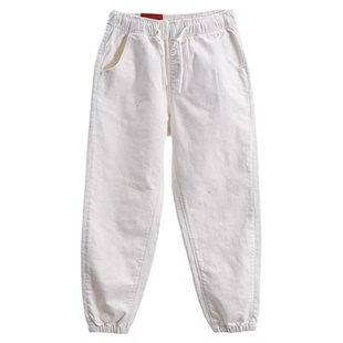 ABLE JEANS白色牛仔裤女式松紧腰束口裤显瘦九分宽松运动束脚裤潮