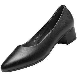 强人3515女鞋真皮浅口女单鞋春秋透气OL工作鞋尖头粗跟通勤小皮鞋