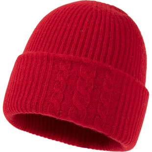 siggi 100%羊毛针织帽女秋冬保暖毛线帽红色冷帽护耳帽新年小红帽