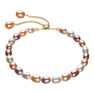 悦宫珠宝 流彩 5-6mm米形莫兰迪色淡水珍珠手链双流苏小提留手串