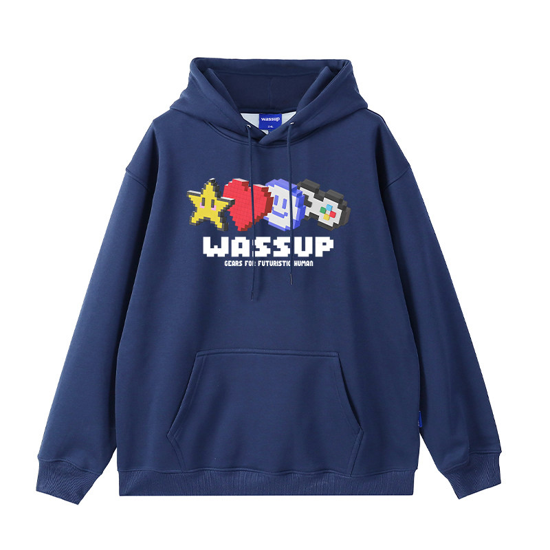 WASSUP趣味印花连帽卫衣男春秋冬