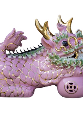 陶瓷手绘粉色麒麟摆件东方新潮