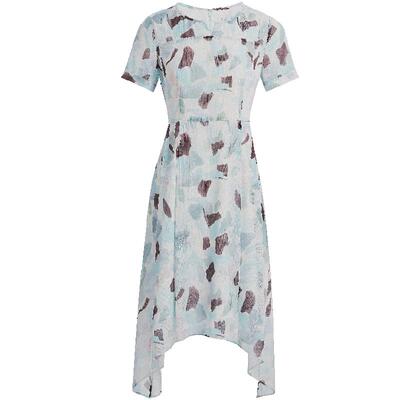 LANDI夏季新款撞色碎花印花不规则下摆连衣裙女中长裙子