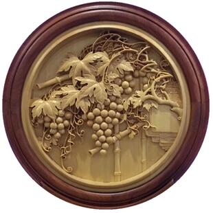 周先荣葡萄圆形硕果累累挂件纯手工喜鹊背景墙定订制实木东阳木雕