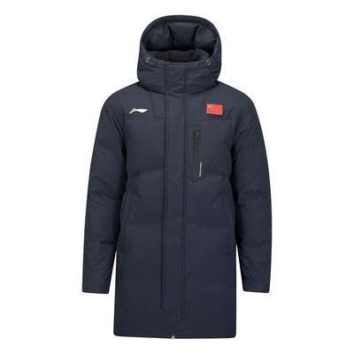 李宁羽绒服男款中长款冬季2025新款鸭绒保暖防风连帽国棉服旗