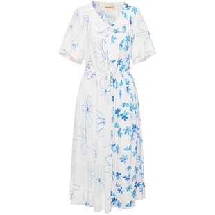 宝姿PORTSPURE女装舒适度假淡人风丝质印花抽褶连衣裙