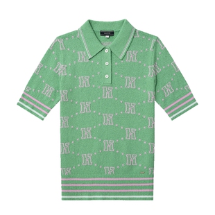 Hazzys哈吉斯Polo领短袖针织衫经典老花纹女士春夏休闲上衣