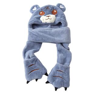 卡通可爱小老虎 冬季儿童女童三件套虎头毛绒连帽子围巾手套一体