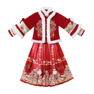 拜年服女童新年衣服连衣裙冬季儿童秋冬裙子女孩过年喜庆汉服冬装