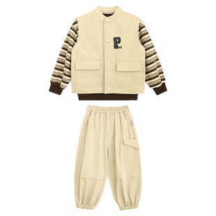 派町童装男童套装儿童三件套春款2026新款条纹卫衣马甲长裤洋气潮