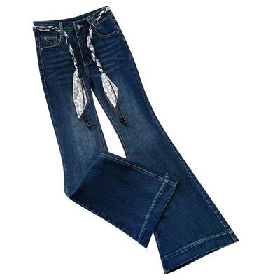 丝巾腰带加薄绒微喇叭牛仔裤女