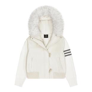 FDR官方店 2025秋冬新款可拆卸毛领针织拼接牛角扣白色短款外套女