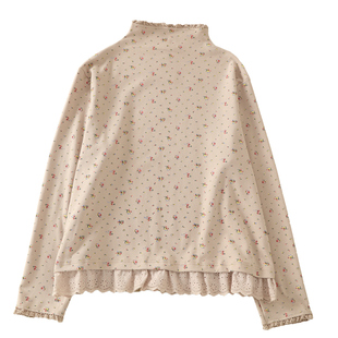 森系木耳边碎花长袖T恤女磨毛合身显瘦内搭叠穿小高领打底衫春季