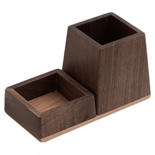 笔筒收纳盒轻奢高级感黑胡桃实木桌面文具盒书房创意个性笔桶双格